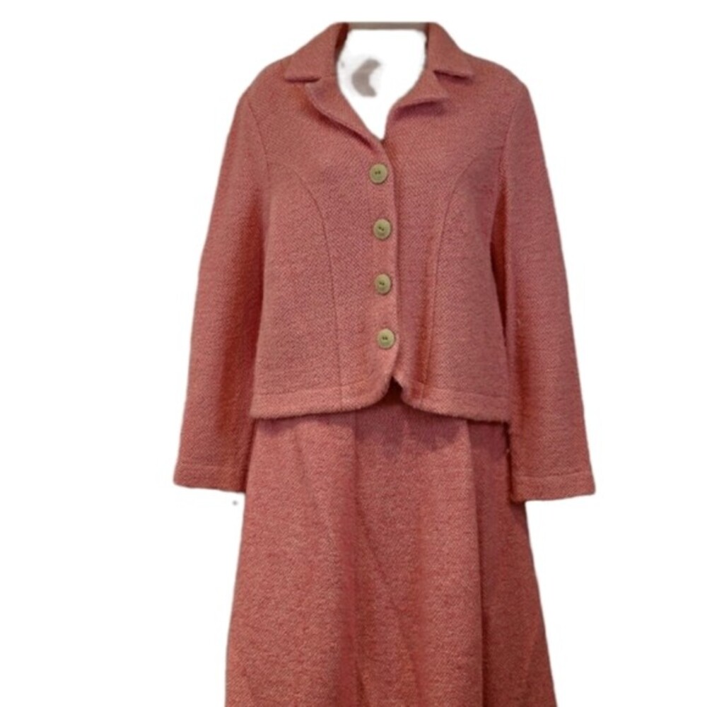 Su-Zen Pink Vintage Wool Skirt Suit Set Collared Jacket + A-Line Skirt S/M
